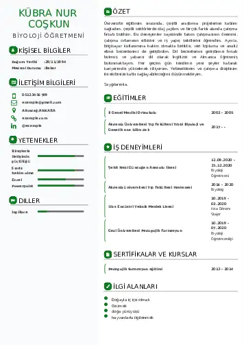 Biyoloji Öğretmeni CV Örnekleri cv indir